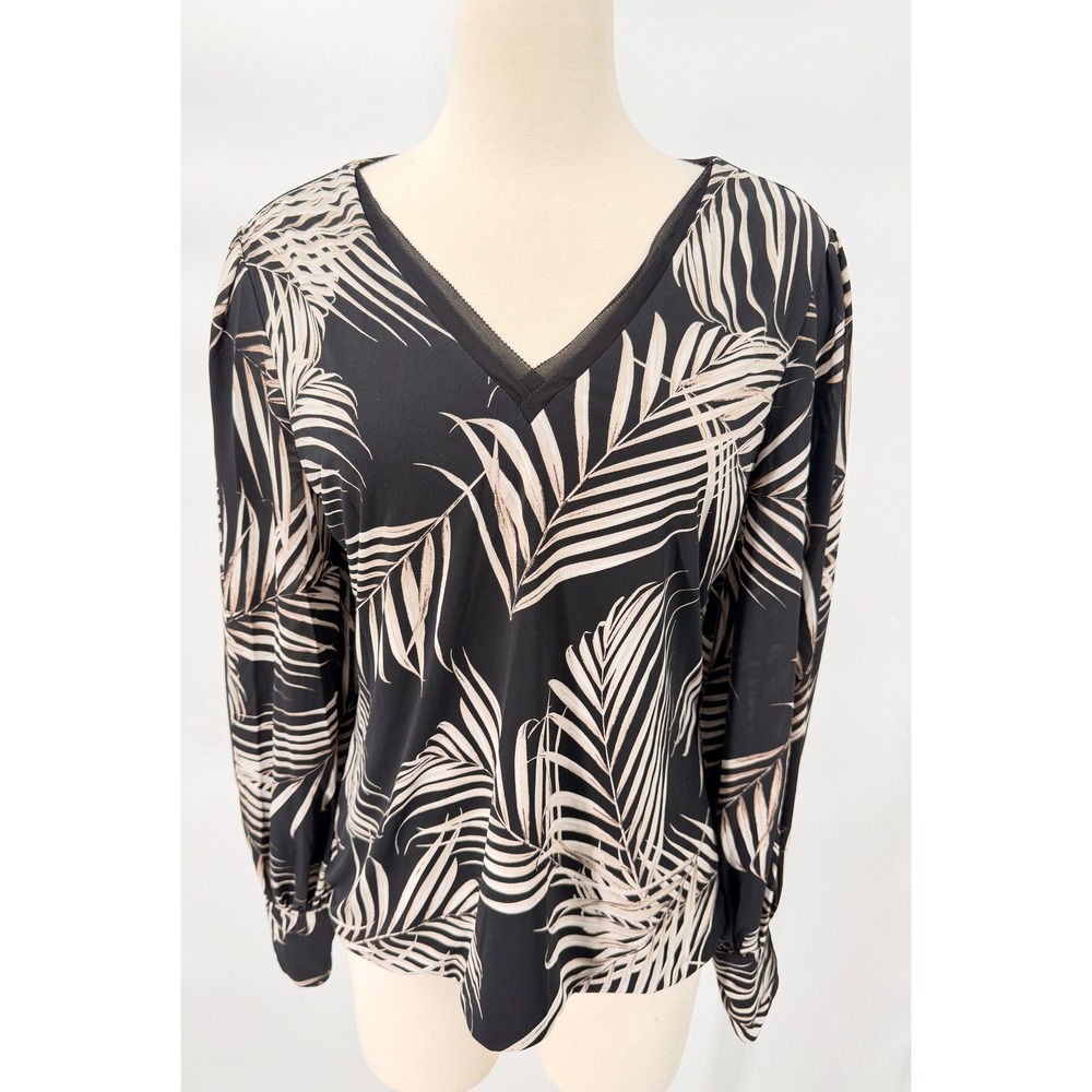 White House Black Market Blouse Womens L Black Tan Palm Leaf V-Neck Mesh Trim
